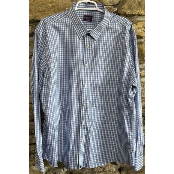 Men’s UNTUCKit Wrinkle Free Long Sleeve Button Down Blue Black Gingham Check Shi - Picture 1 of 4